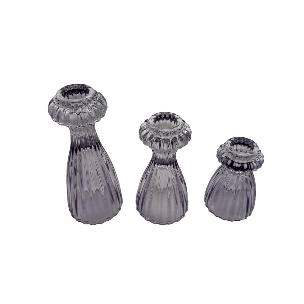 Lysenn Elegant Glass Candle Stick Holder Bar Glass Set of 3 Taper Purple EUC.
